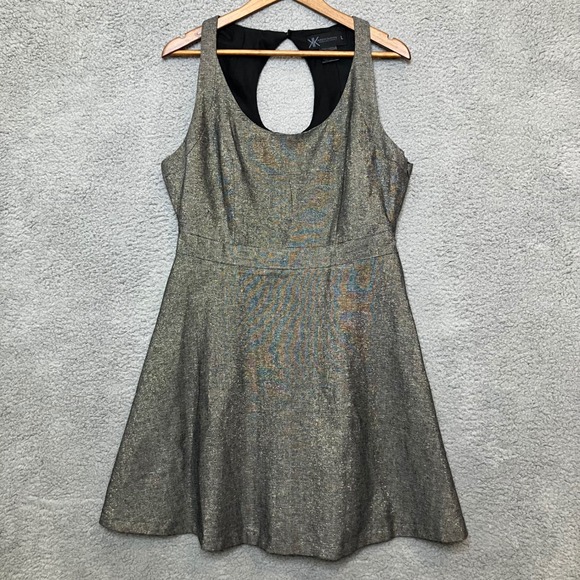 Kardashian Kollection Dresses & Skirts - KK Keyhole Fit Flare Dress Women L Metallic Gold Black Linen Cotton Party Mini